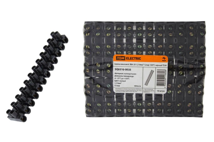 TDM Зажим винтовой ЗВИ-20 полипропилен 1,5-6мм2 12пар 100°С черный TDM Зажим винтовой ЗВИ-20 полипропилен 1,5-6мм2 12пар 100°С черный