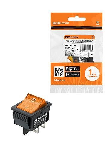 Картинка TDM KCD4-201N 250В AC/DC, 2P, 16А, (4с), ON-OFF, черный корпус, желтая клавиша c LED подсветкой (SQ0746-0162) в интернет-магазине Форум Электро в Москве