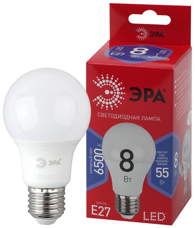 ЭРА LED A60-8W-865-E27 R Светодиодная лампа, груша, 8Вт, хол, E27