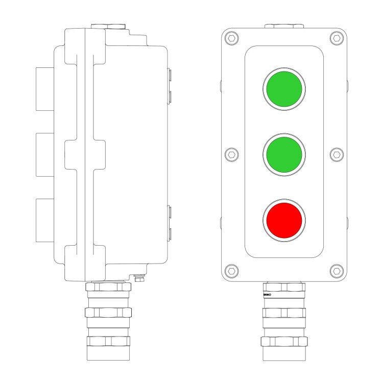DKC Взрывонепроницаемый пост управления из алюминия LCSD-03-B-MB-P1G(11)x1-P1G(11)x1-P1R(11)x1-PBMB-KA2MHK / 1Ex d IIB T5 Gb / Ex tb IIIC T95°С Db IP66 (LCSD21000103) превью в интернет-магазине электрики Форум Электро в Москве