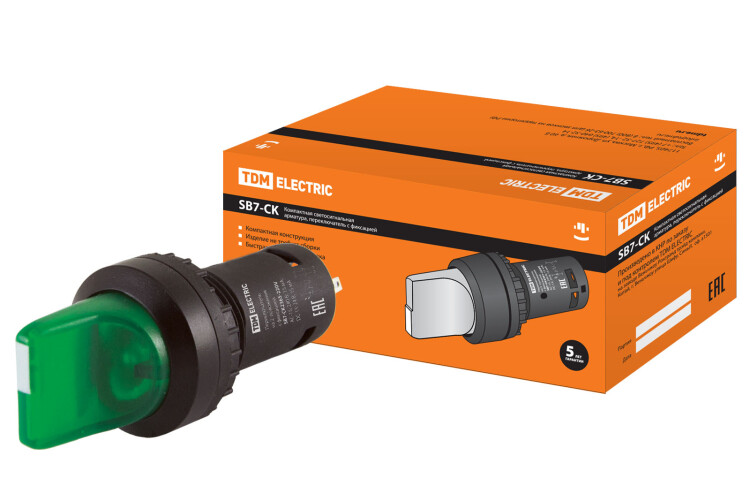TDM Переключатель на 2 положения с фиксацией SB7-CK2365-220V короткая ручка(LED) d22мм 1з+1р зеленый (SQ0746-0059) превью в интернет-магазине электрики Форум Электро в Москве
