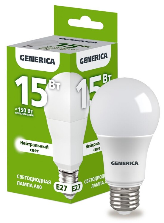 IEK GENERICA Лампа LED A60 груша 15Вт 230В 4000К E27 (LL-A60-15-230-40-E27-G) превью в интернет-магазине электрики Форум Электро в Москве