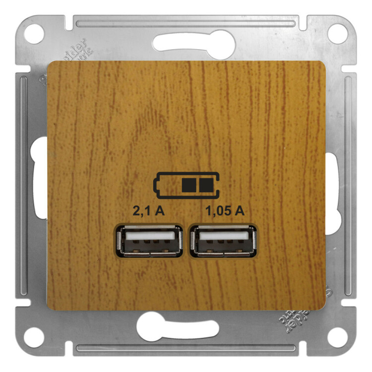 Картинка Systeme Electric Glossa Дерево Дуб Розетка USB 5В/2,1А, 2х5В/1,05А (GSL000533) в интернет-магазине Форум Электро в Москве