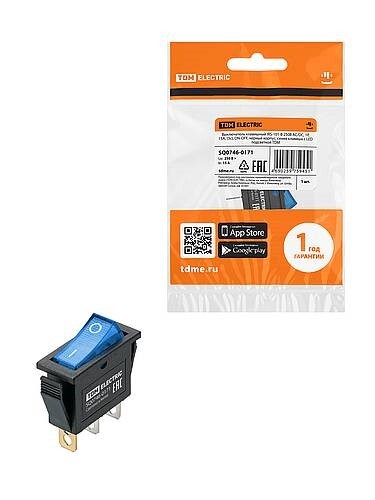 Картинка TDM IRS-101N 250В AC/DC, 1P, 15А, (3с), ON-OFF, черный корпус, синяя клавиша с LED подсв. (SQ0746-0171) в интернет-магазине Форум Электро в Москве