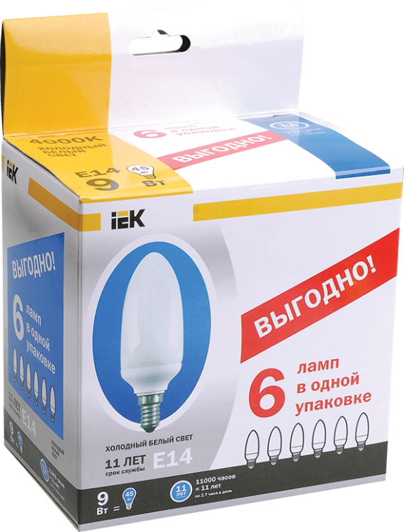 IEK Лампа свеча КЭЛ-C Е27 11Вт 2700К ПРОМОПАК 6 шт