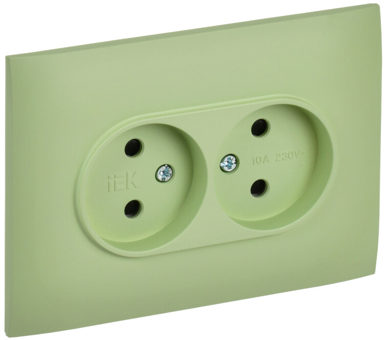 Картинка IEK SKANDY Мятный Розетка 2-ая б/з с защитными шторками 10А в сборе SK-R09G (SK-R23-10-K06-F) в интернет-магазине Форум Электро в Москве