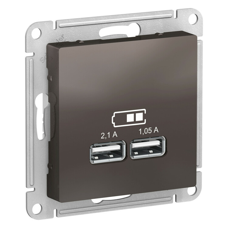 Картинка Systeme Electric AtlasDesign Мокко USB, 5В, 1 порт x 2,1 А, 2 порта х 1,05 А, механизм (ATN000633) в интернет-магазине Форум Электро в Москве
