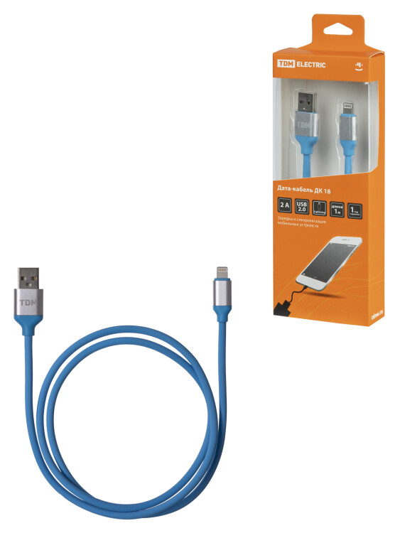 TDM Дата-кабель, ДК 18, USB - Lightning, 1 м, силиконовая оплетка, голубой, (SQ1810-0318) превью в интернет-магазине электрики Форум Электро в Москве