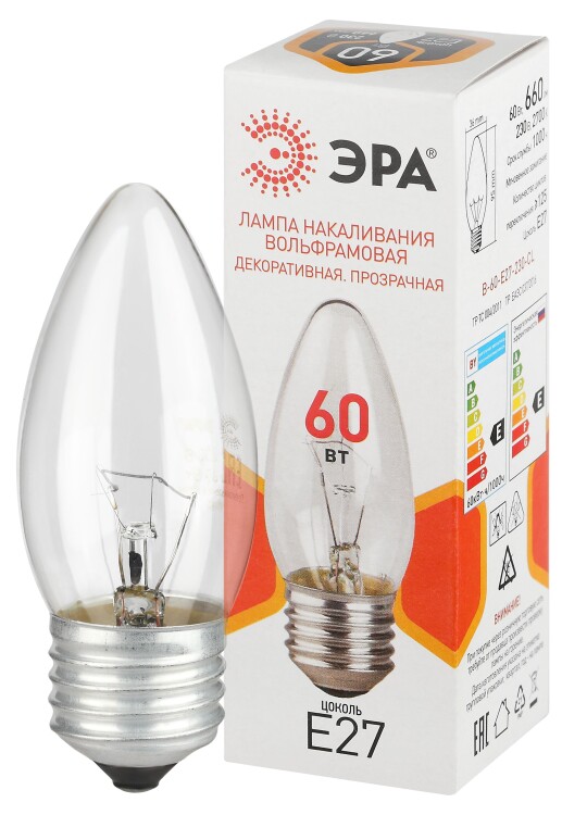 ЭРА Лампа накаливания B-60-E27-230-CL 60Вт 230В свеча прозрачная цветная коробка Е27 (Б0066524) превью в интернет-магазине электрики Форум Электро в Москве