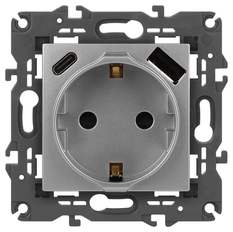 Картинка Розетка ЭРА Elegance 14-4108-03 2P+E 16A-250В со шторками с USB type-A+C 5В-3А алюминий (Б0067741) в интернет-магазине Форум Электро в Москве