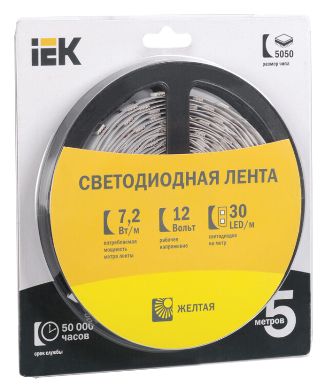 Лента LED 5м  блистер  LSR-5050Y30-7,2-IP20-12V желтый цвет IEK (LSR2-4-030-20-1-05) превью в интернет-магазине электрики Форум Электро в Москве