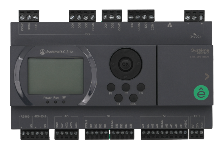 Systeme Electric ПЛК S172; 24 VDC; дисплей; 28 IO: 8 DI, 8 DO (транзистор), 8 AI, 4 AO; 2xRS485, 1xRJ45 (SM172PS11BDT) превью в интернет-магазине электрики Форум Электро в Москве
