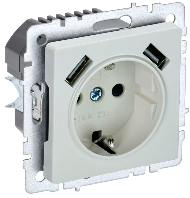 Картинка BRITE Роз. с з/к/ш 16А с USB A+A 2,1А РЮш10-1-БрЖ жемч. IEK (BR-R14-16-U21-D21-K36) в интернет-магазине Форум Электро в Москве