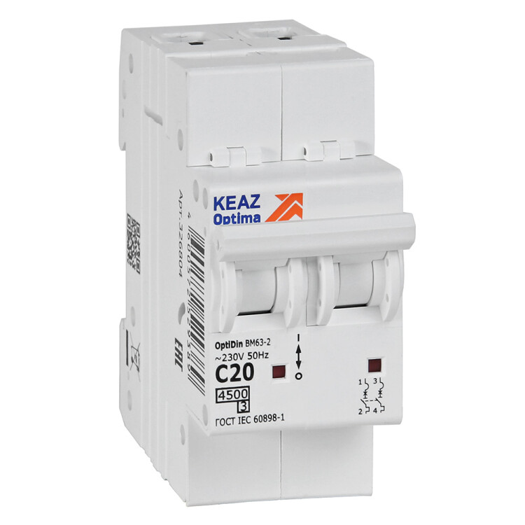 КЭАЗ OptiDin BM63 Автоматический выключатель 2P 20А C 4,5кА AC (BM63-2C20-4,5-УХЛ3) (326804) превью в интернет-магазине электрики Форум Электро в Москве