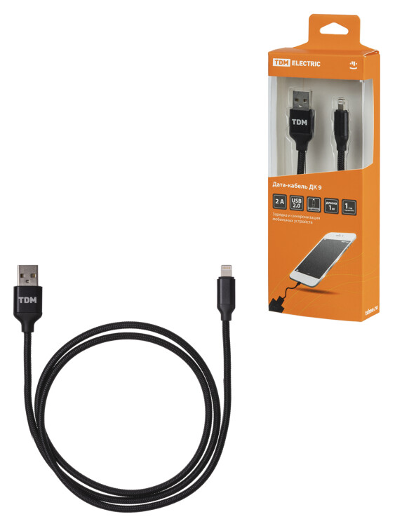TDM Дата-кабель, ДК 9, USB - Lightning, 1 м, тканевая оплетка, черный, (SQ1810-0309) превью в интернет-магазине электрики Форум Электро в Москве