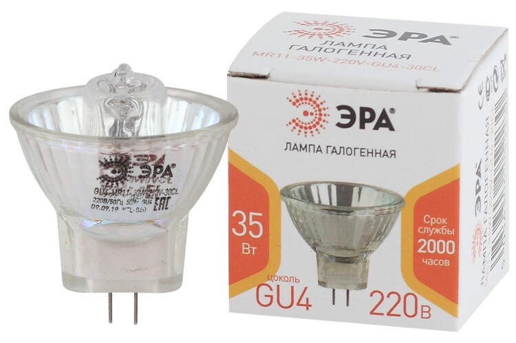 ЭРА Лампа галогенная GU4-MR11-35W-220V-30 CL GU4 35Вт софит теплый белый свет (Б0044094) превью в интернет-магазине электрики Форум Электро в Москве