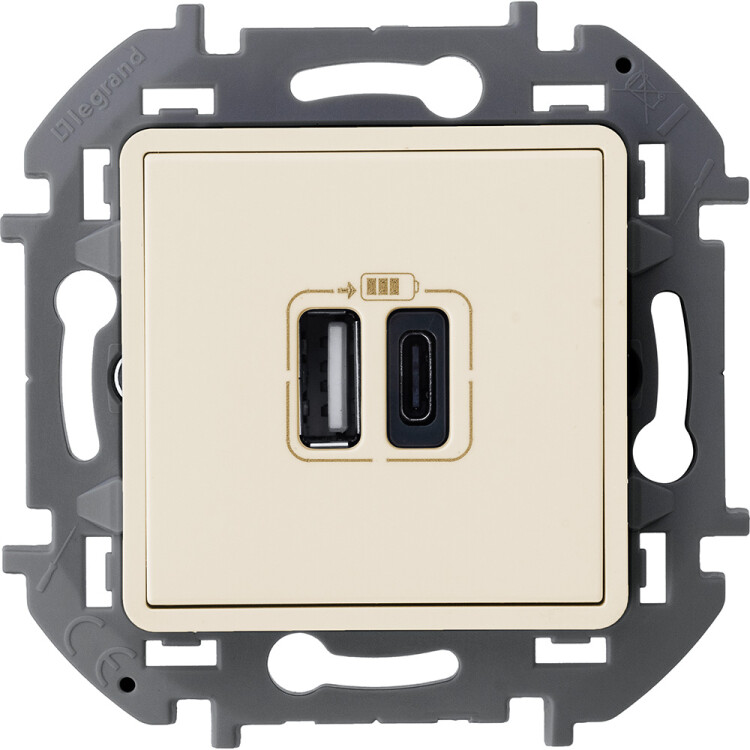 Картинка Legrand INSPIRIA Слоновая кость Зарядное устройство с двумя USB-разьемами A-C 240В/5В 3000мА (673761) в интернет-магазине Форум Электро в Москве