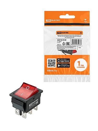 Картинка TDM KCD4-202N 250В AC/DC, 2P, 15А, (6с), ON-ON, черный корпус, красная клавиша, LED (SQ0746-0168) в интернет-магазине Форум Электро в Москве