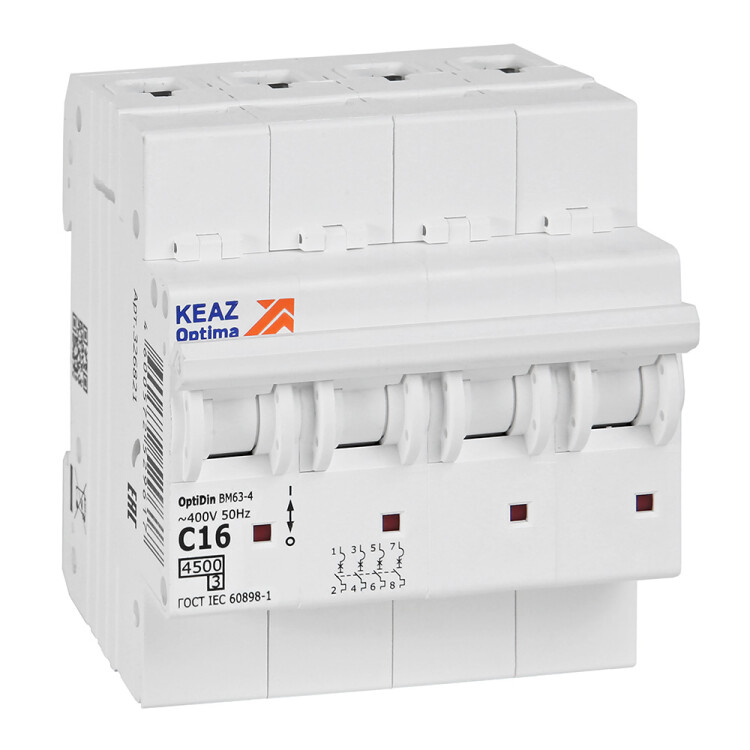 КЭАЗ OptiDin BM63 Автоматический выключатель 4P 16А C 4,5кА AC (BM63-4C16-4,5-УХЛ3) (326821) превью в интернет-магазине электрики Форум Электро в Москве