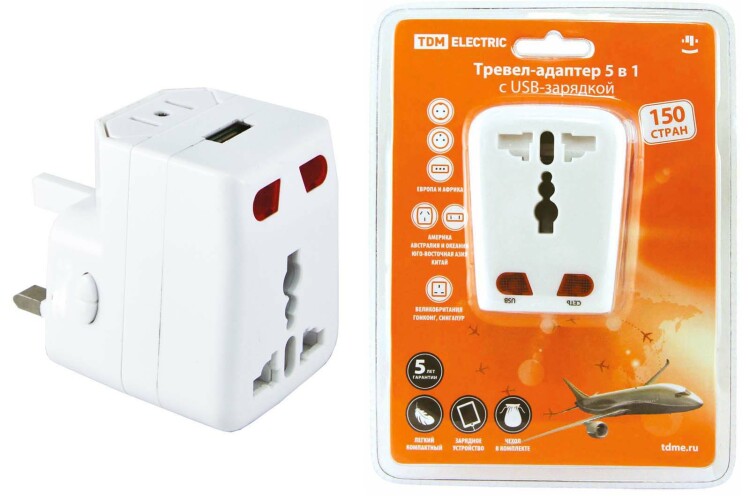Картинка TDM Тревел-адаптер 100-250В 3A (5 в 1) c USB-зарядкой 1000мА белый (SQ1806-0044) в интернет-магазине Форум Электро в Москве