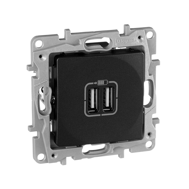 Картинка Legrand Etika Антрацит Розетка USB 2-ая 240В/5В 2400мА (672694) в интернет-магазине Форум Электро в Москве