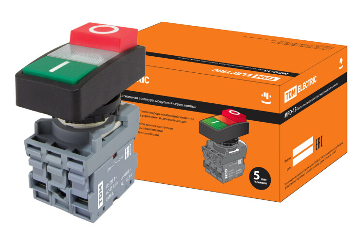 TDM Кнопка двойная MPD13-11С (зеленая/красная-выступающая) (LED) d22мм/220В (I/O) линза прозрачная (SQ0747-0038) превью в интернет-магазине электрики Форум Электро в Москве