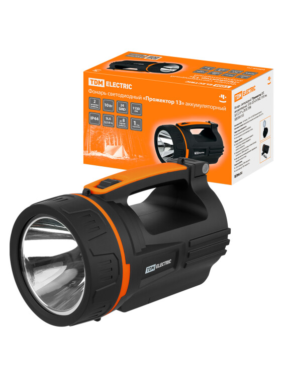 TDM Фонарь светодиод. "Прожектор 13", аккумуляторн., 10 Вт LED+24 SMD, 1150 лм, SLA 3,5 А*ч, 230 В (SQ0350-0102) превью в интернет-магазине электрики Форум Электро в Москве