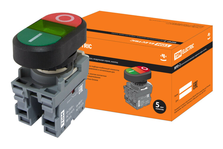 TDM Кнопка двойная MPD2-11G (зеленая/красная) (LED) в сборе d22мм/24В (I/O) линза зеленая (SQ0747-0059) превью в интернет-магазине электрики Форум Электро в Москве