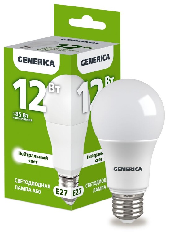 IEK GENERICA Лампа LED A60 груша 12Вт 230В 4000К E27 (LL-A60-12-230-40-E27-G) превью в интернет-магазине электрики Форум Электро в Москве