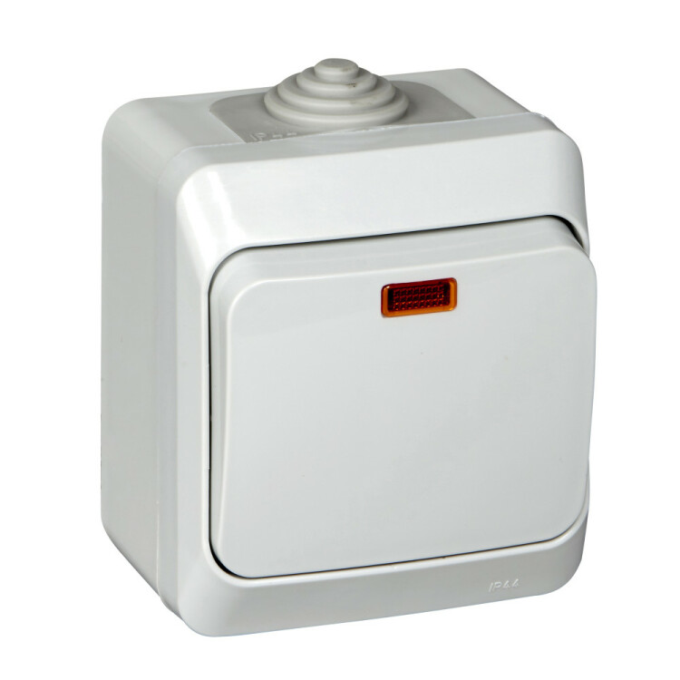 Картинка ЭТЮД IP44 О/У 1-клавишный ВЫКЛЮЧАТЕЛЬ с подсветкой 10 АХ, СЕРЫЙ, Россия (BA10-045C) в интернет-магазине Форум Электро в Москве