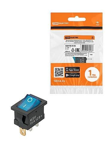 Картинка TDM KCD1-101N 12В AC/DC, 1P, 15А, (3с), ON-OFF, черный корпус, синяя клавиша, LED, Mini (SQ0746-0132) в интернет-магазине Форум Электро в Москве