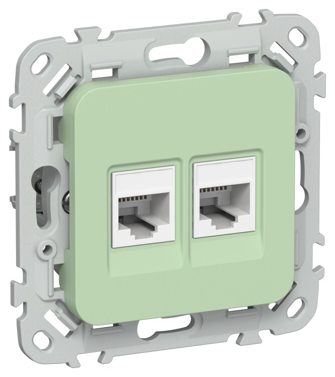 Картинка IEK FLITE Фисташковый Розетка 2-местная RJ45/RJ11 категория 5Е/3 UTP (FI-KT22-1-K93) в интернет-магазине Форум Электро в Москве
