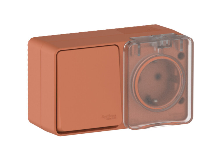 Картинка Systeme Electric AtlasDesign Profi54 Наруж Терракотовый Блок: Роз. з/к со шт. 16А, Выкл. 1-клав.10А (ATN547070) в интернет-магазине Форум Электро в Москве