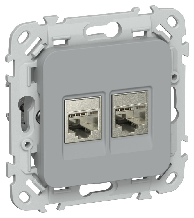 Картинка IEK FLITE Серый Розетка 2-местная RJ45/RJ11 категория 6/3 STP (FI-KT21-2-K03) в интернет-магазине Форум Электро в Москве