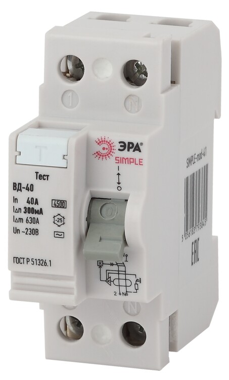 ЭРА SIMPLE-mod-51 SIMPLE Устройство защитного отключения УЗО ВД-40 2P 40А/300мА (электронное)