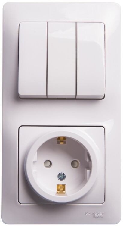 Картинка Systeme Electric Glossa Бел Блок: розетка с/з со шторками и 3-кл. выключатель (GSL000178) в интернет-магазине Форум Электро в Москве