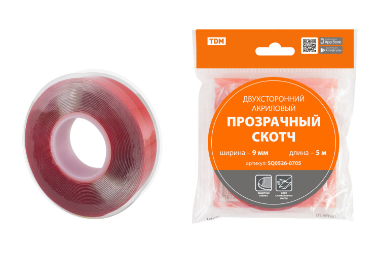 TDM Двухсторонний акриловый прозрачный скотч ширина 9 мм длина 5 м (SQ0526-0705) превью в интернет-магазине электрики Форум Электро в Москве