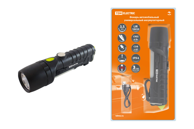 TDM Фонарь автомоб. универс., 6 Вт CREE+3 Вт COB,1x18650 2200 мА*ч, магн., подвес, USB, стропорез, (SQ0350-0058) превью в интернет-магазине электрики Форум Электро в Москве