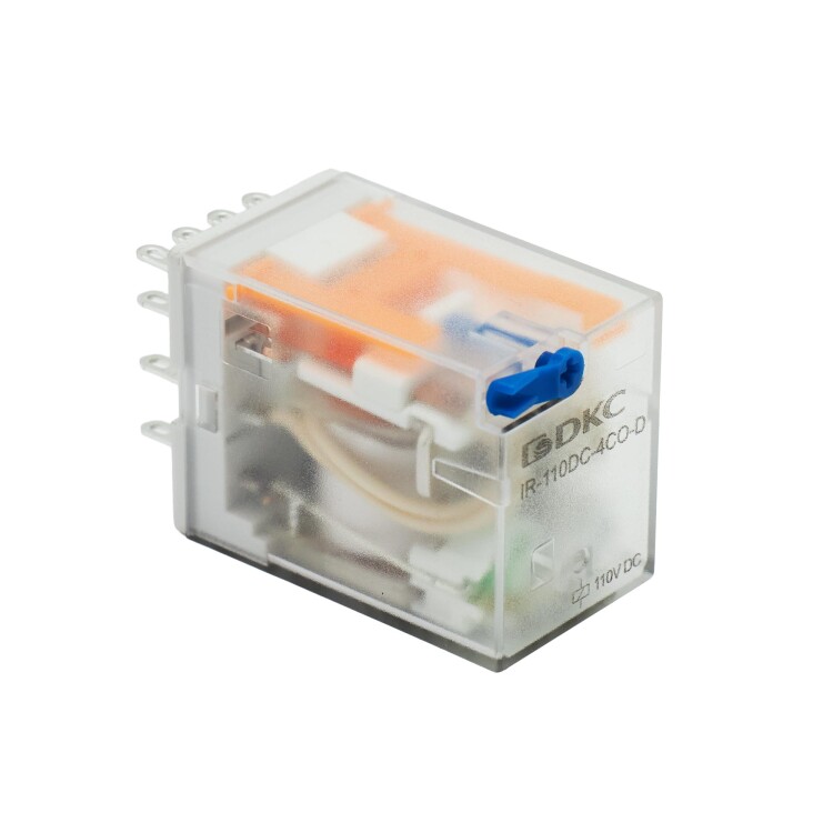 DKC Реле миниатюрное промышленное общего назначения, 4CO, ком. ток 6А, AgSnO₂, напряжение 110V DC, опция: тест-кнопка+светодиод+защитный диод (IR-110DC-4CO-D) превью в интернет-магазине электрики Форум Электро в Москве