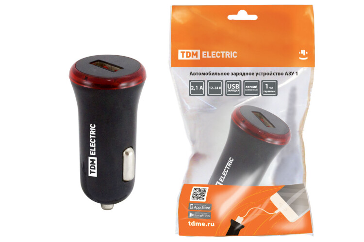 TDM Автомобильное зарядное устройство, АЗУ 1, 2,1 А, 1 USB, черный, (SQ1810-0201) превью в интернет-магазине электрики Форум Электро в Москве