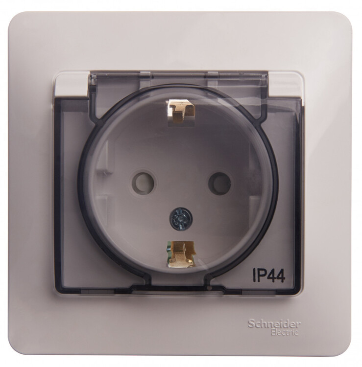 Картинка Systeme Electric Glossa Бел Розетка с/з со шторками с крышкой, IP44 (в сборе с рамкой) (GSL000148) в интернет-магазине Форум Электро в Москве