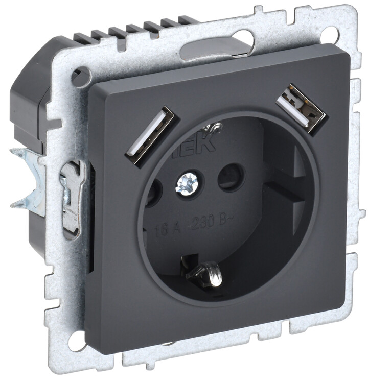 Фотография IEK BRITE BASE Графит Розетка с з/к/ш 16А с USB A+A 3,1А РЮш10-2-БрГ (BR-R14-16-U21-D31-K53) в интернет-магазине Форум Электро в Москве Картинка IEK BRITE BASE Графит Розетка с з/к/ш 16А с USB A+A 3,1А РЮш10-2-БрГ (BR-R14-16-U21-D31-K53) в интернет-магазине Форум Электро в Москве