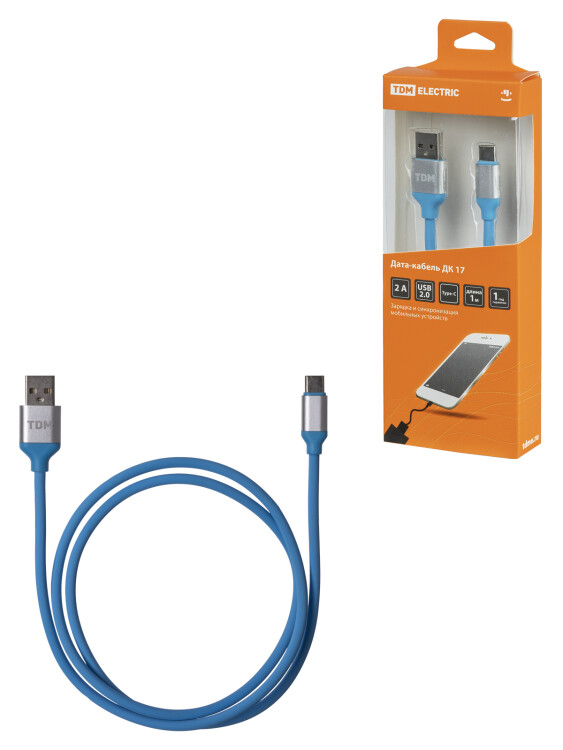 TDM Дата-кабель, ДК 17, USB - USB Type-C, 1 м, силиконовая оплетка, голубой, (SQ1810-0317) превью в интернет-магазине электрики Форум Электро в Москве