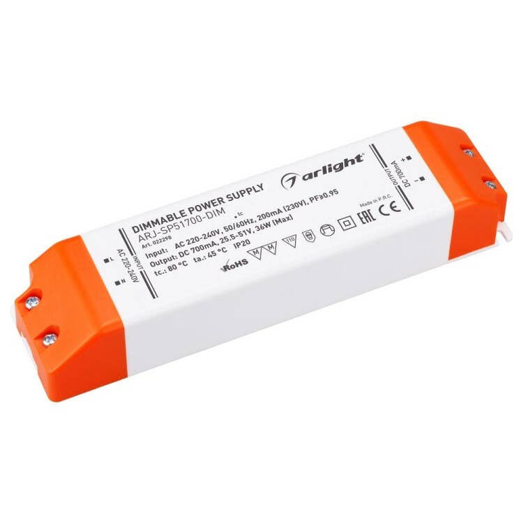Arlight Блок питания ARJ-SP51700-DIM (36W, 700mA, PFC, Triac) (IP20 Пластик, 3 года) (022298) превью в интернет-магазине электрики Форум Электро в Москве