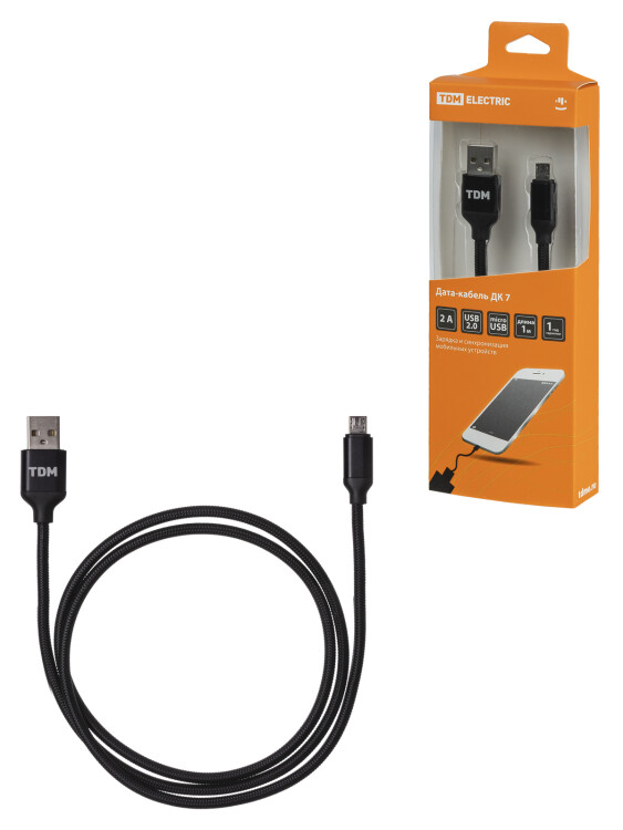 TDM Дата-кабель, ДК 7, USB - micro USB, 1 м, тканевая оплетка, черный, (SQ1810-0307) превью в интернет-магазине электрики Форум Электро в Москве