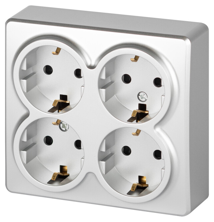 Картинка ЭРА Розетка Эксперт 11-2211-03 четверная с заземлением 4х2P+E Schuko со шторками IP20 16A-250В ОУ алюминий (Б0063022) в интернет-магазине Форум Электро в Москве