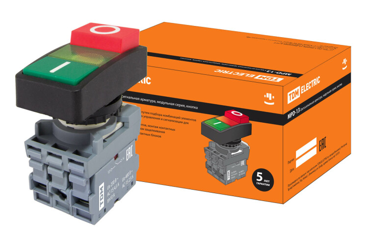 TDM Кнопка двойная MPD13-11G (зеленая/красная-выступающая) (LED) d22мм/220В (I/O) линза зеленая (SQ0747-0036) превью в интернет-магазине электрики Форум Электро в Москве