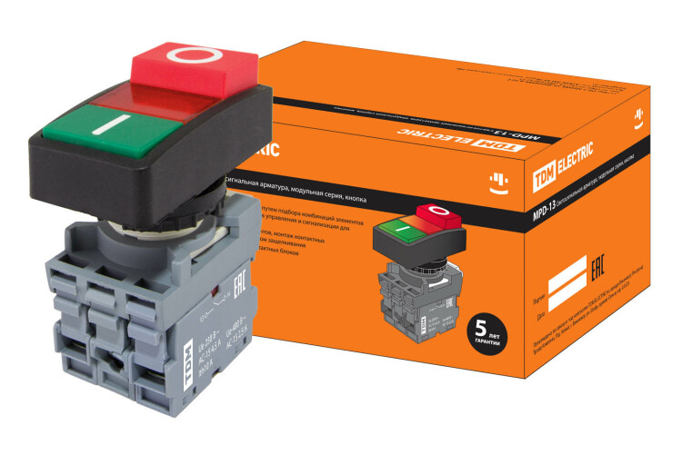 TDM Кнопка двойная MPD13-11R (зеленая/красная-выступающая) (LED) d22мм/24В (I/O) линза красная (SQ0747-0039) превью в интернет-магазине электрики Форум Электро в Москве