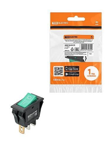 Картинка TDM KCD3-101N/B 250В AC/DC, 1P, 15А, (3с), ON-OFF, черный корпус, зеленая клавиша, LED (SQ0746-0155) в интернет-магазине Форум Электро в Москве