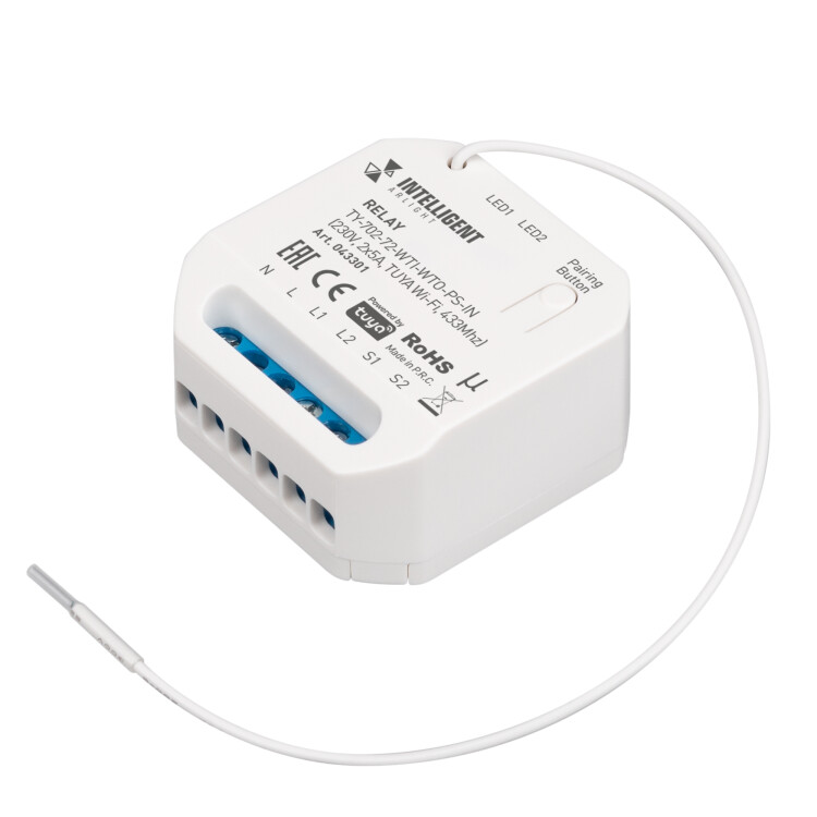 Картинка Arlight INTELLIGENT ARLIGHT Релейный модуль TY-702-72-WTI-WTO-PS-IN (230V, 2x5A, TUYA Wi-Fi, 433Mhz) (IARL, IP20 Пластик, 3 года) (043301) в интернет-магазине Форум Электро в Москве